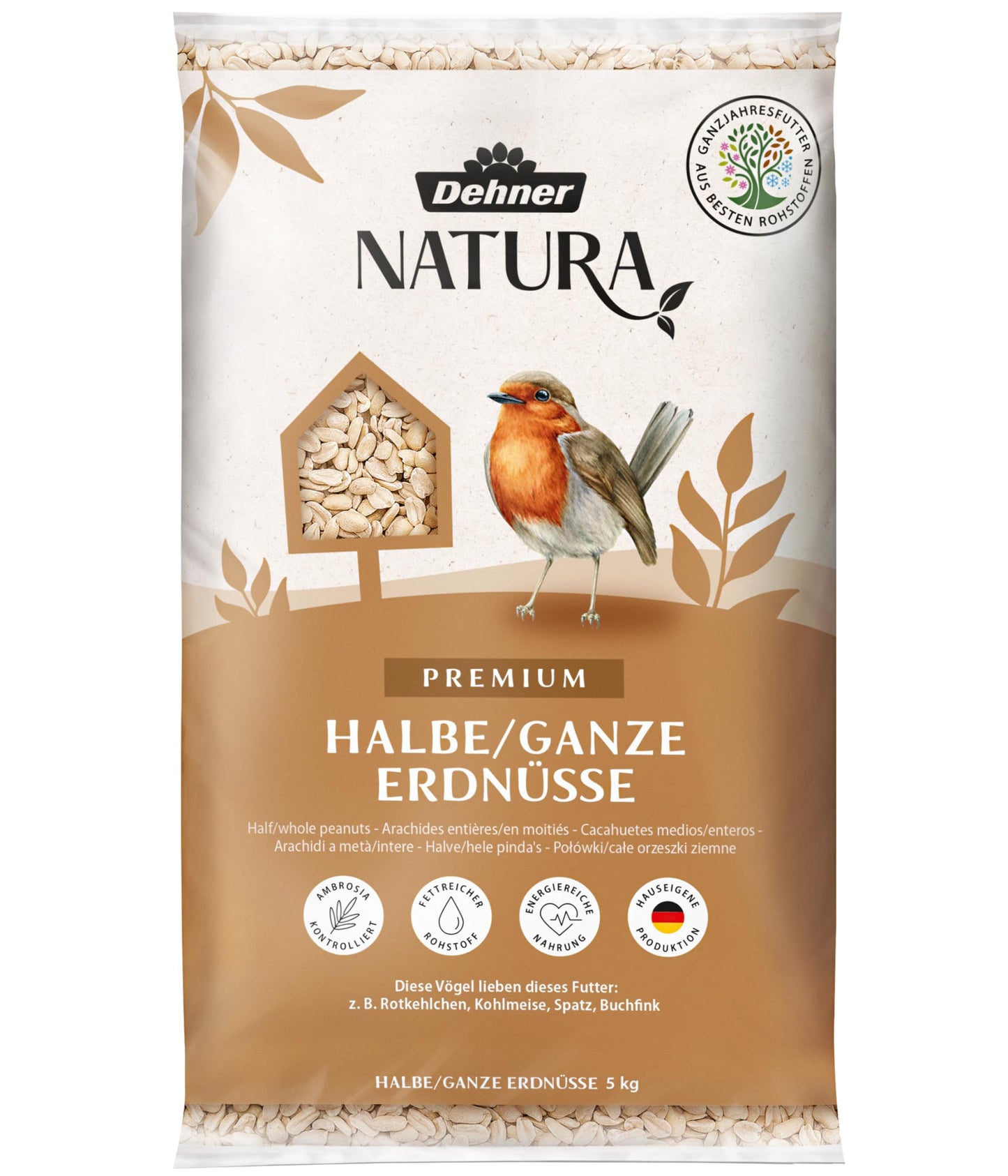Putnu barība Dehner Natura Premium savvaļas putniem, puse/celās zemesrieksti bez čaumalām, visu gadu, olbaltumvielām un enerģijai bagāta, 5 kg
