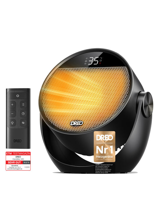 Maza klusa elektriskā sildītāja Dreo, energoefektīvs 1500W portatīvs sildītājs ar tālvadības pulti, termostatu, 60° slīpumu, 8 drošības funkcijām, PTC keramiku, 12 stundu taimeri, 3 režīmi, 3 ātrumi, melns