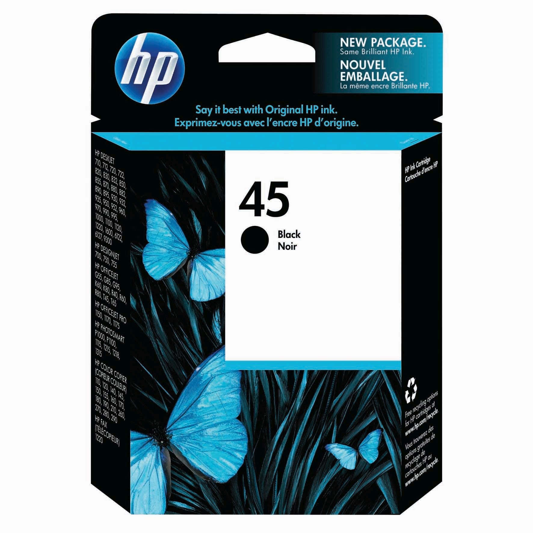 HP 45 Tintes kasetne - Augsta ietilpība, atjaunota, iekļauta PVN un piegāde, saderīga ar Hewlett Packard printeriem.