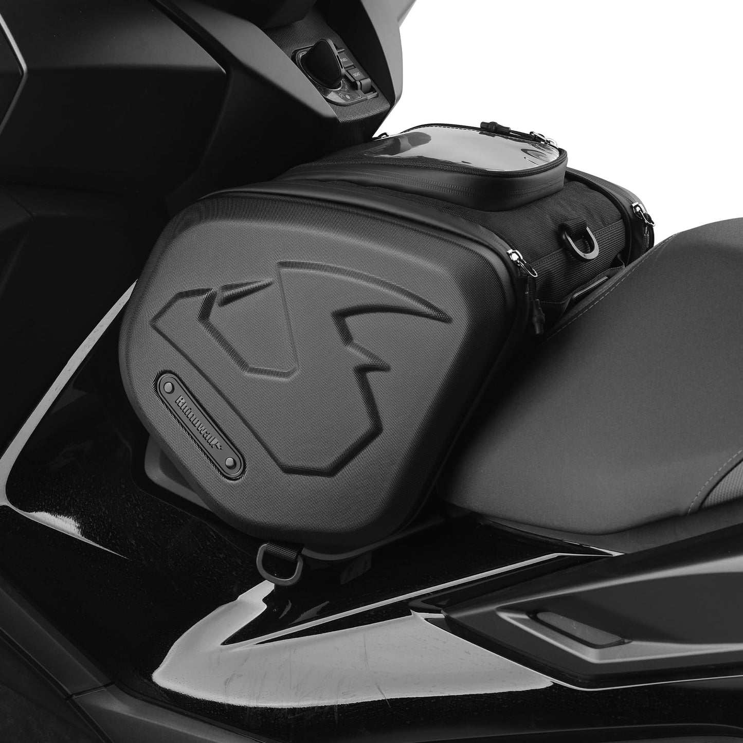 Rhinowalk tunela soma motorollerim, 16L cietā ABS motocikla soma motorollerim ar centrālo tuneli, ar skārienekrāna nodalījumu, rokturi, plecu siksnu un lietus pārsegu