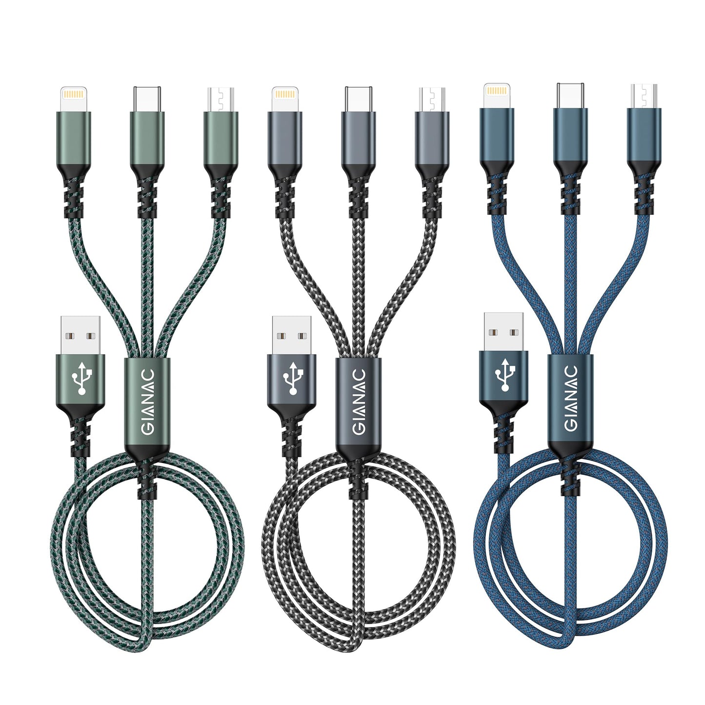 3-in-1 USB kabelis GIANAC [3 gab. 1,2 m], ātrās uzlādes kabelis iPhone, Micro USB un USB-C