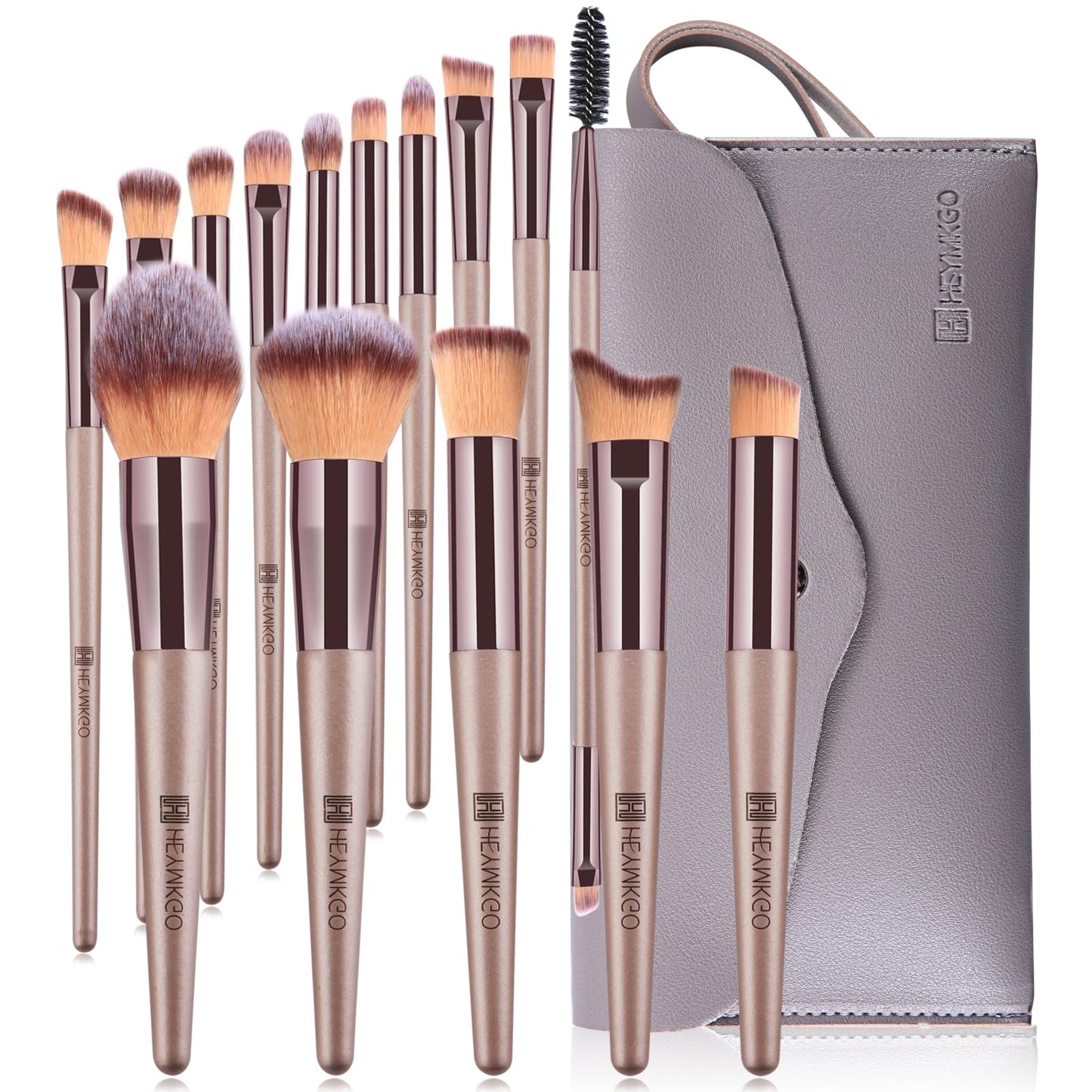 Grima otu komplekts HEYMKGO, 15 profesionālas otas ar maciņu, šampanieša zelta tonī, acu ēnām, tonālajam krēmam un konturēšanai