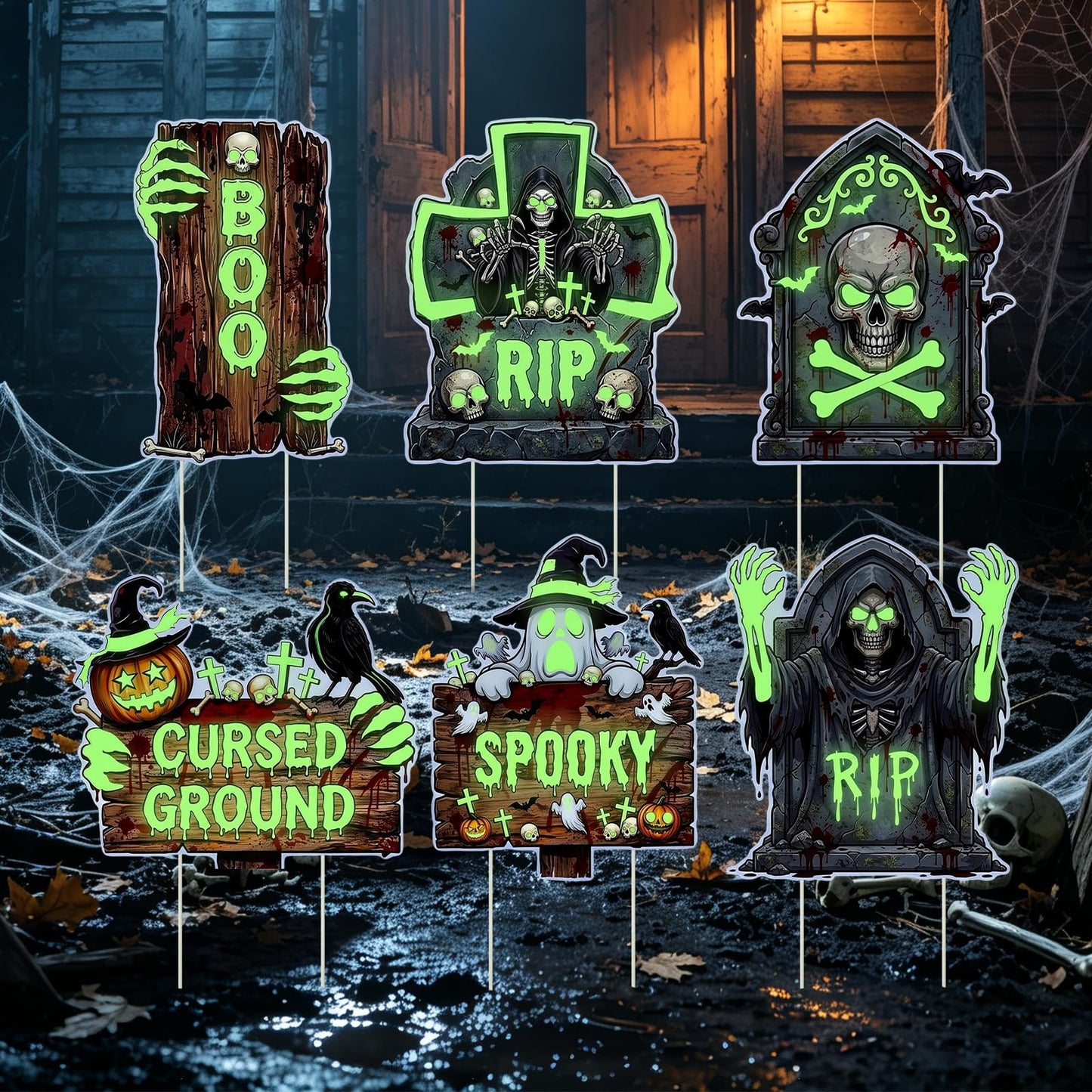 6 gab. Halloween brīdinājuma zīmes, fluorescējošs kapakmens Helovīna dekors