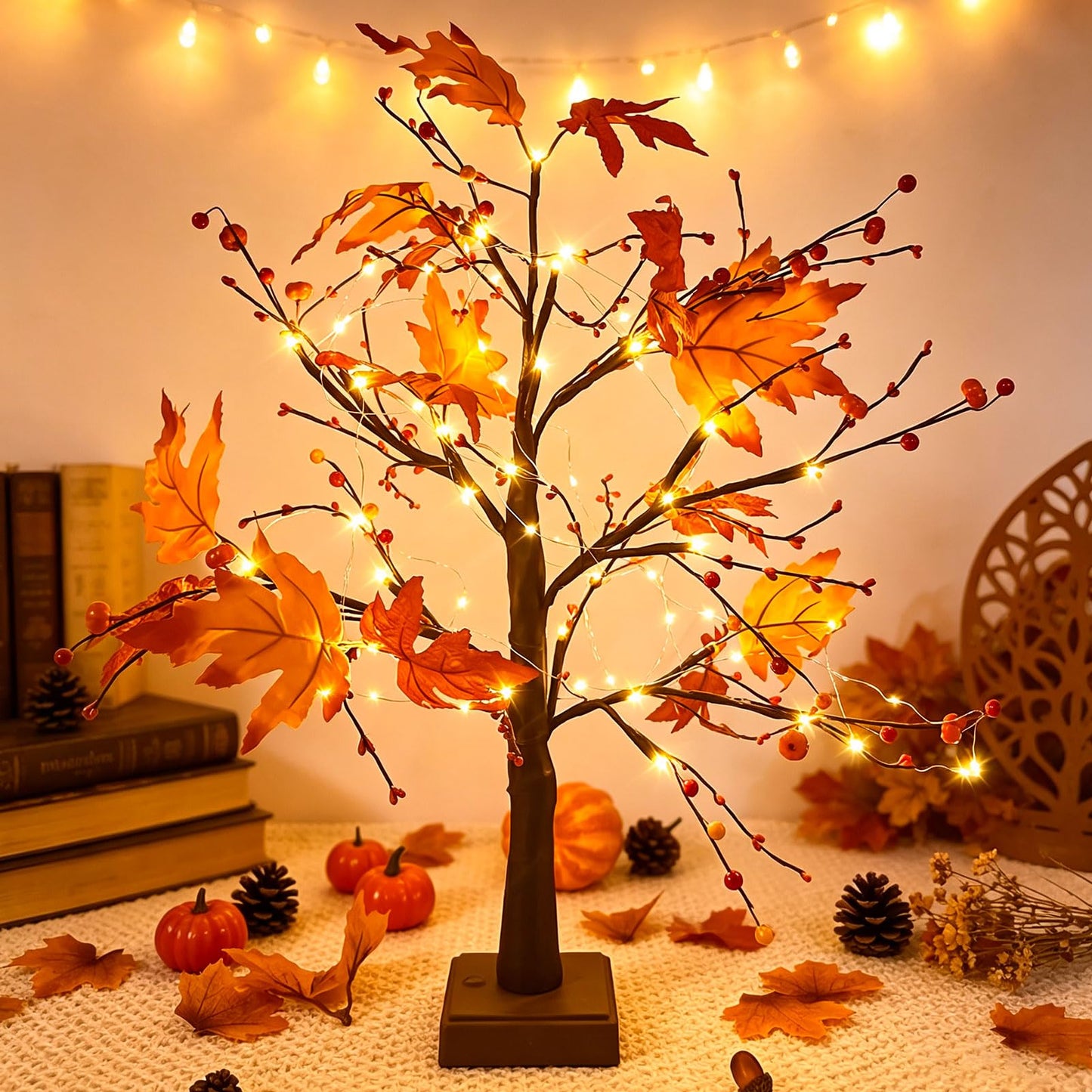 Rudens dekors kļavas lapu koks ar gaismas virteni 61cm