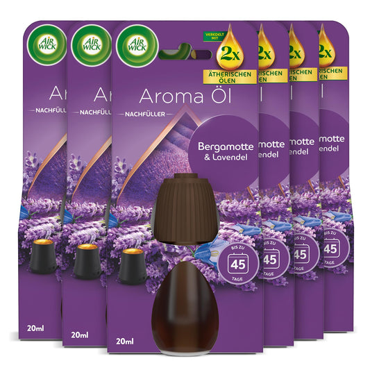 Aroma eļļas flakona uzpilde Air Wick, Bergamotte un Lavendel, ziedu mājas aromāts ar ēteriskajām eļļām, 6 x 20ml