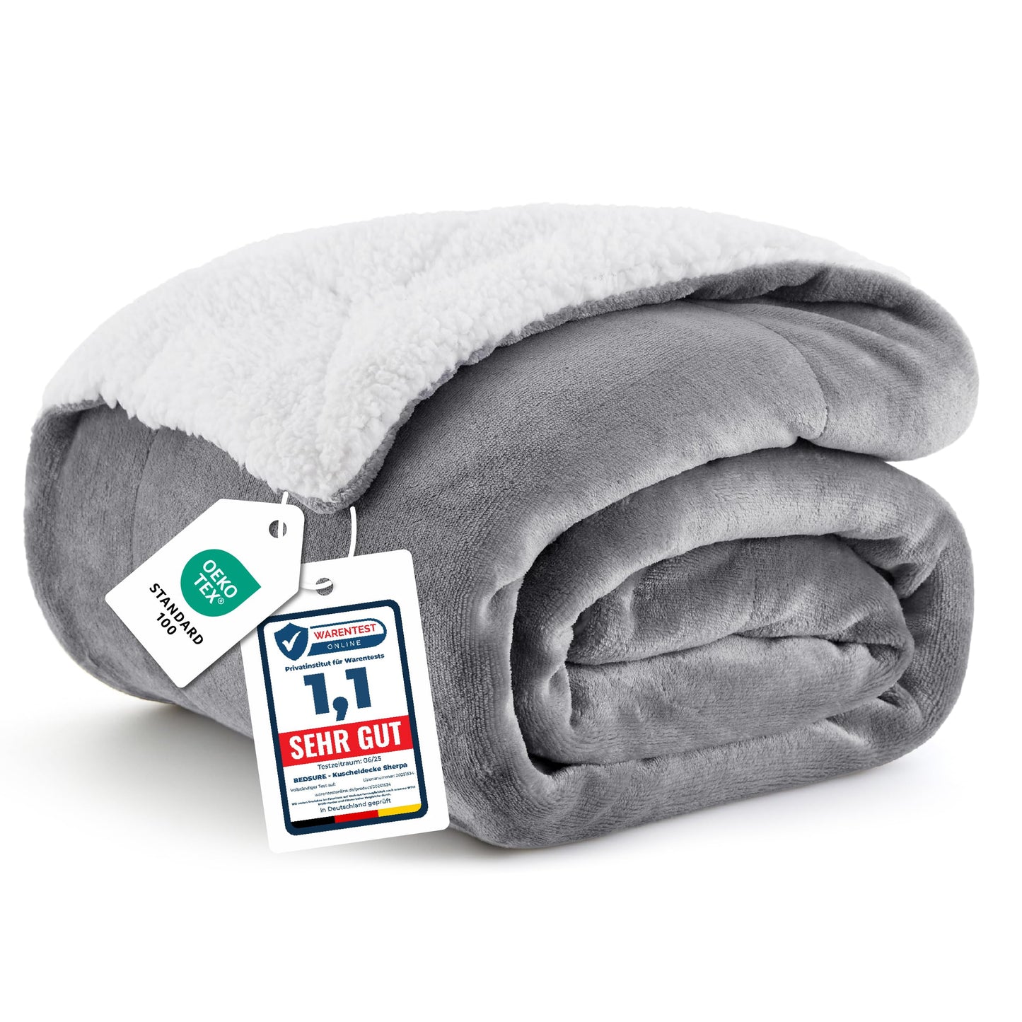 Šerpa sega BEDSURE 150x200, pūkaina dīvāna sega pelēkā krāsā