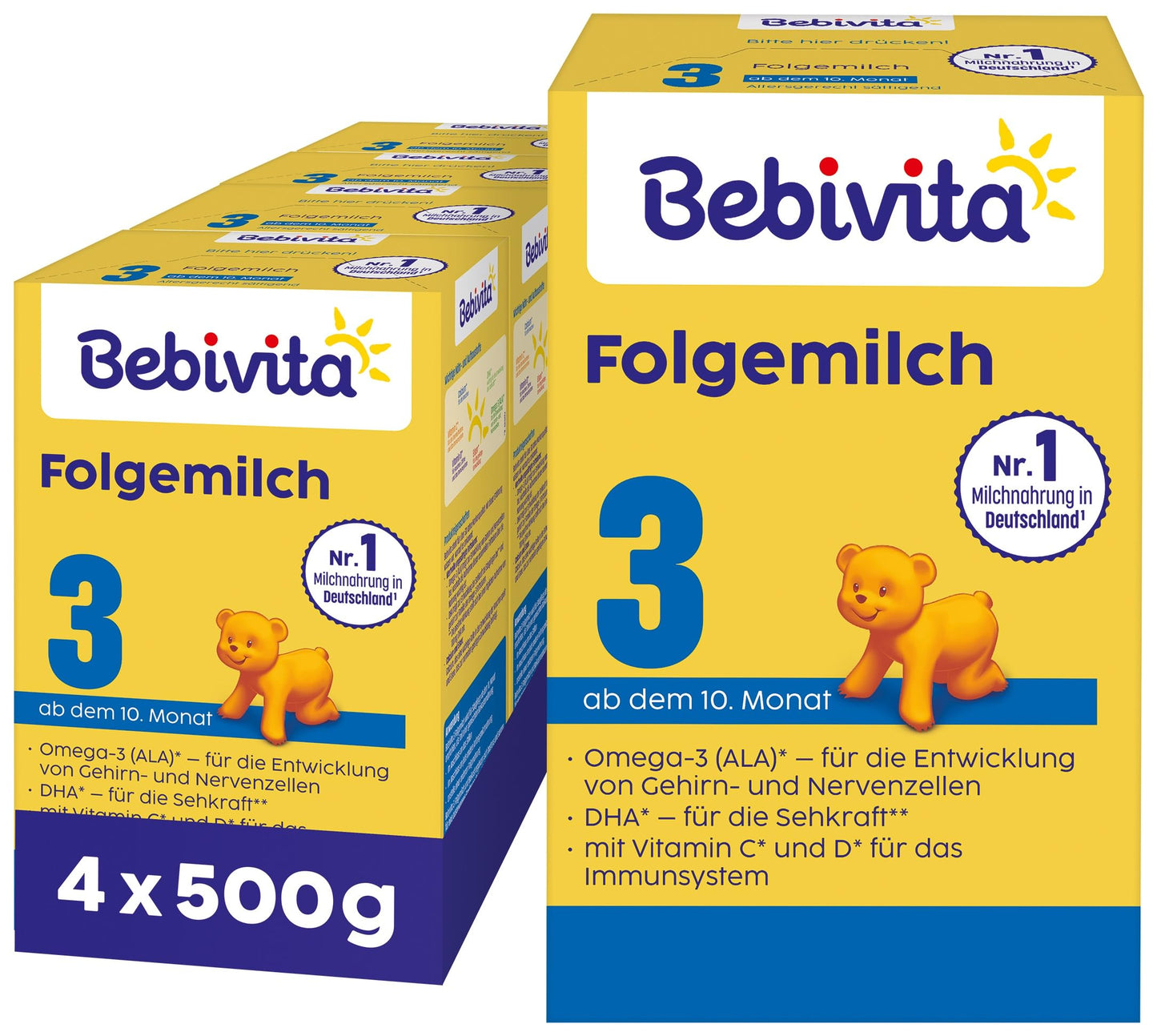 Bebivita 3 turpinājumpiens, 4 x 500 g, no 10. mēneša, ar C un D vitamīnu, Omega-3 (DHA, ALA), piemērots vecumam un sātīgs