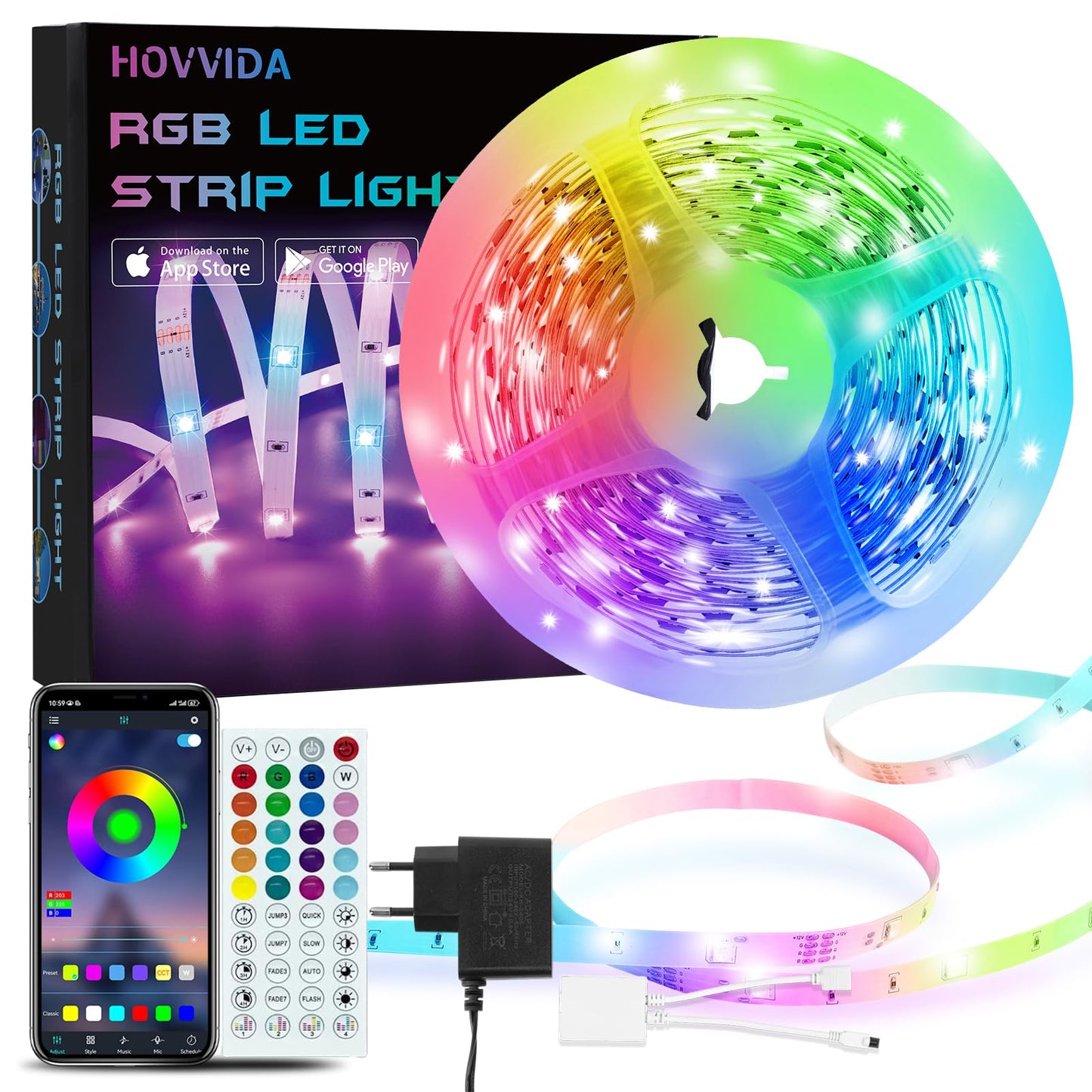 LED lente HOVVIDA 5m, 30 LED/m, 1x5m, 150 LED, RGB LED sloksne, APP un tālvadības pults, mūzikas režīms, taimera režīms, LED istabai, viesistabai, virtuvei, guļamistabai, bāram, ballītei