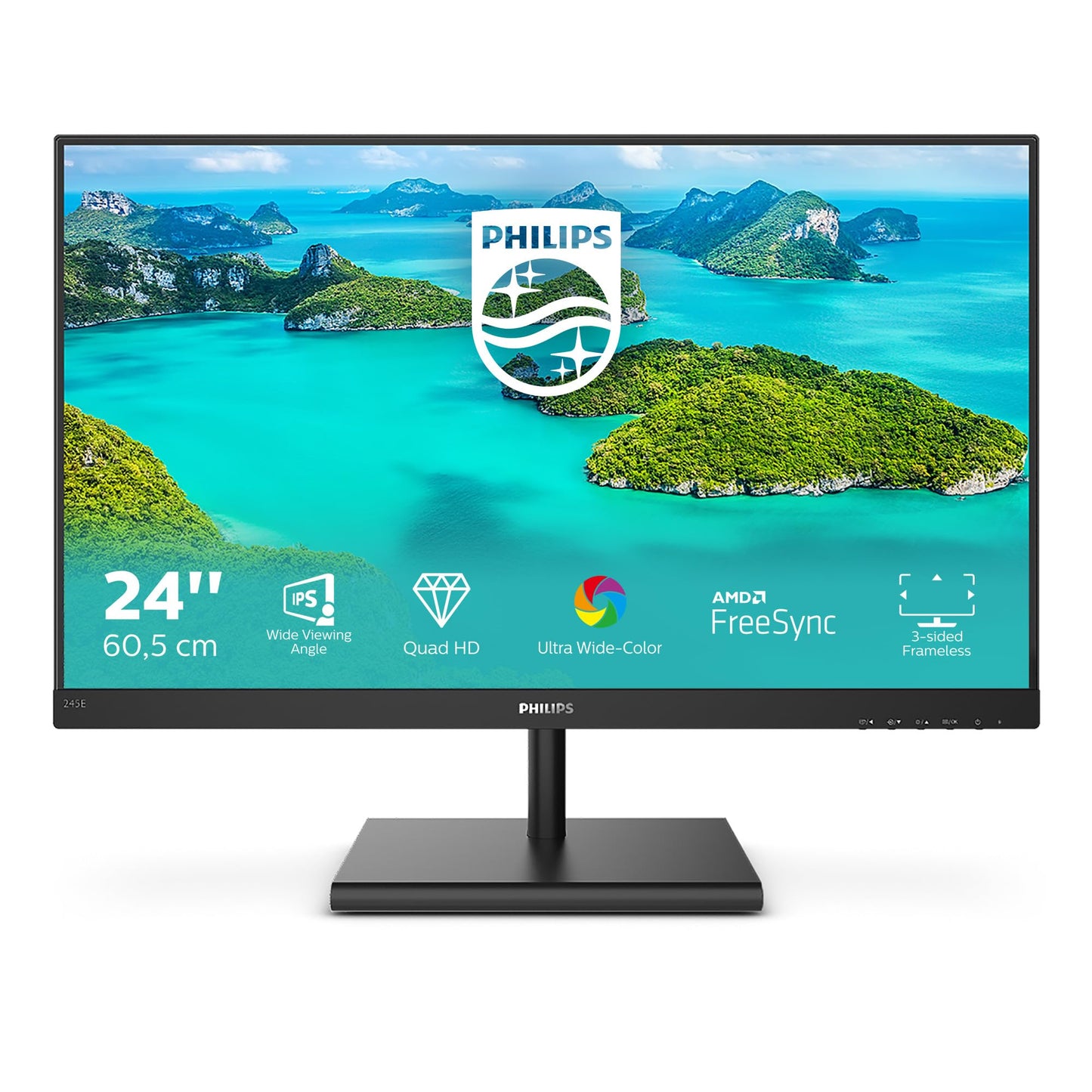Philips 245E1S - 24" QHD monitor, 2560x1440 resolution, 75 Hz, VGA, HDMI, DisplayPort, sleek black design