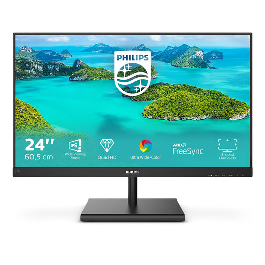 Philips 245E1S - 24" QHD monitor, 2560x1440 resolution, 75 Hz, VGA, HDMI, DisplayPort, sleek black design