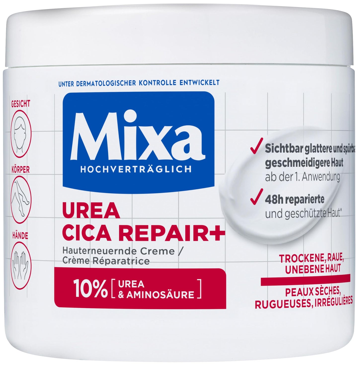 Mixa Cica Repair+ atjaunojošs krēms ar 10% urīnvielas un aminoskābēm, urīnvielas krēms sausai, raupjai un nelīdzenai ādai ķermenim, sejai un rokām, 1x 400ml