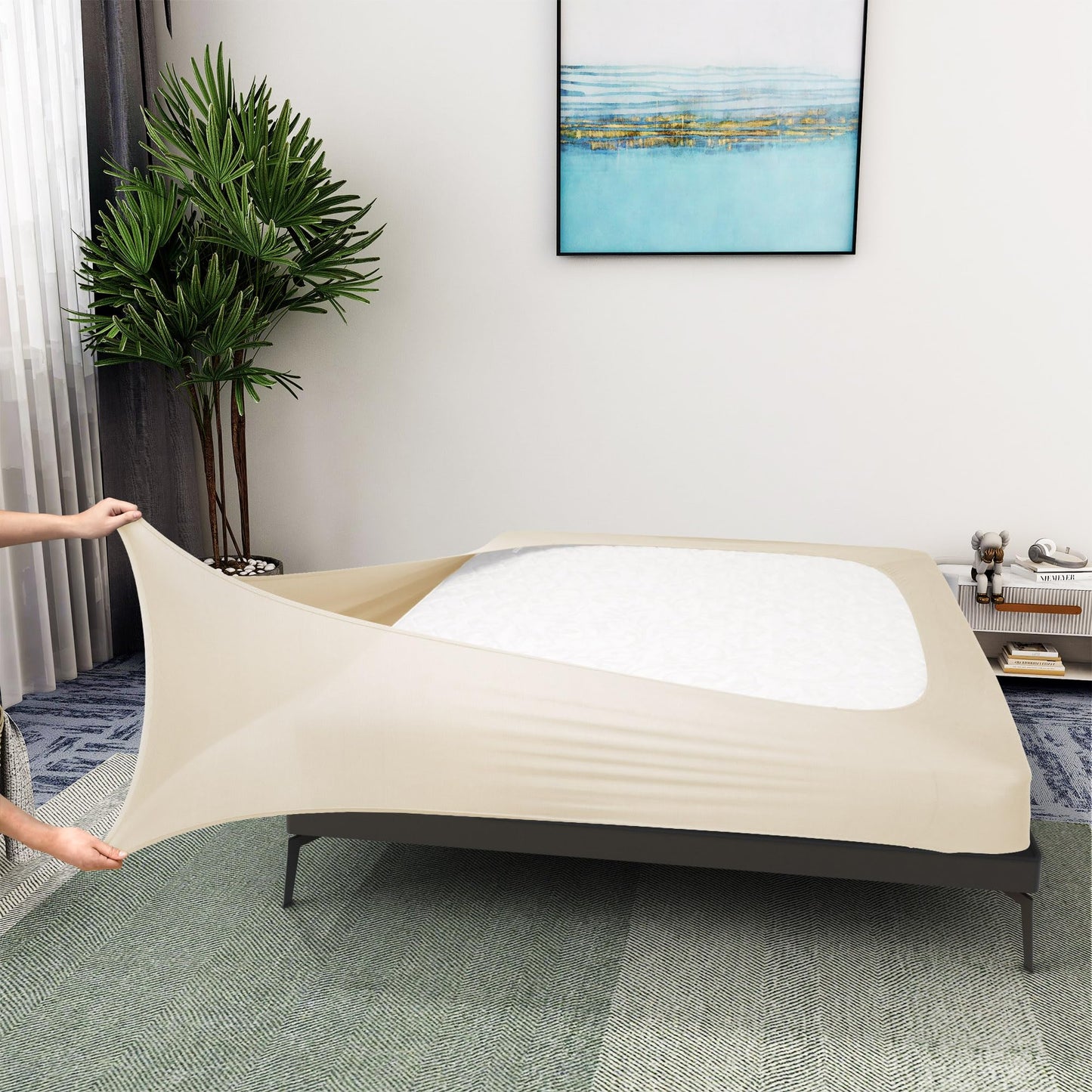 Boxspring gultas pārvalks King-Size, Jersey adījums, elastīgs, 4 sāni, smilškrāsa