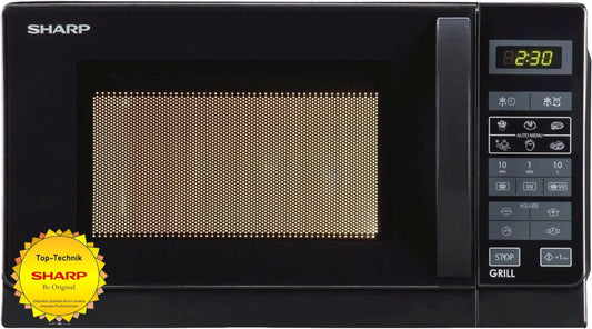Sharp Freistehend, R642BKW 2-in-1 mikroviļņu krāsns ar grilu / 20 L / 800 W / 1000 W kvarca grils / 8 automātiskās programmas / taimeris / bērnu aizsardzība / enerģijas taupīšanas režīms / stikla griešanas plate (25,5 cm) / melns