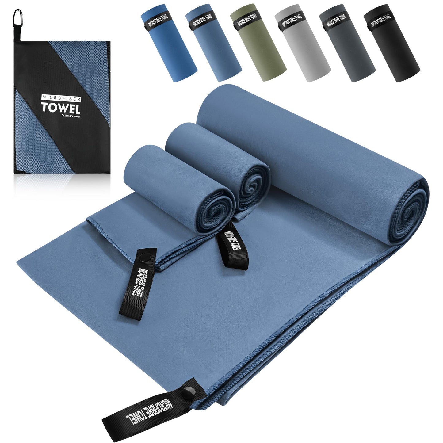 Mikrošķiedras dvieļu komplekts 3 daļas, 1 liels dvielis 200x100cm un 2 mazi dvieļi 80×40cm, ātri žūstoši un viegli, sportam, pludmalei un ceļojumiem, tumši zils