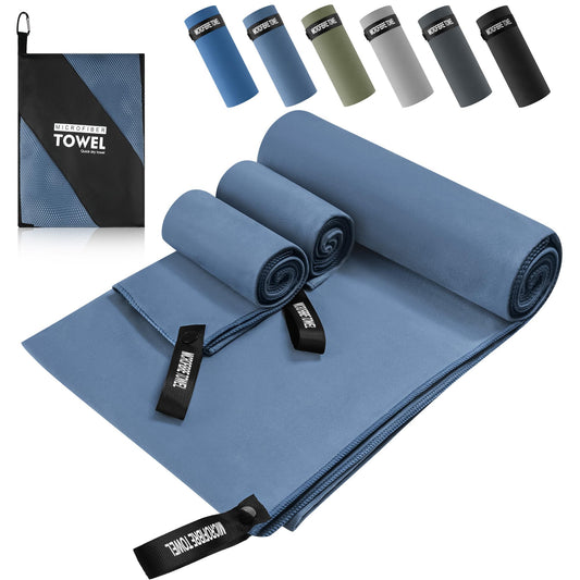 Mikrošķiedras dvieļu komplekts 3 daļas, 1 liels dvielis 200x100cm un 2 mazi dvieļi 80×40cm, ātri žūstoši un viegli, sportam, pludmalei un ceļojumiem, tumši zils