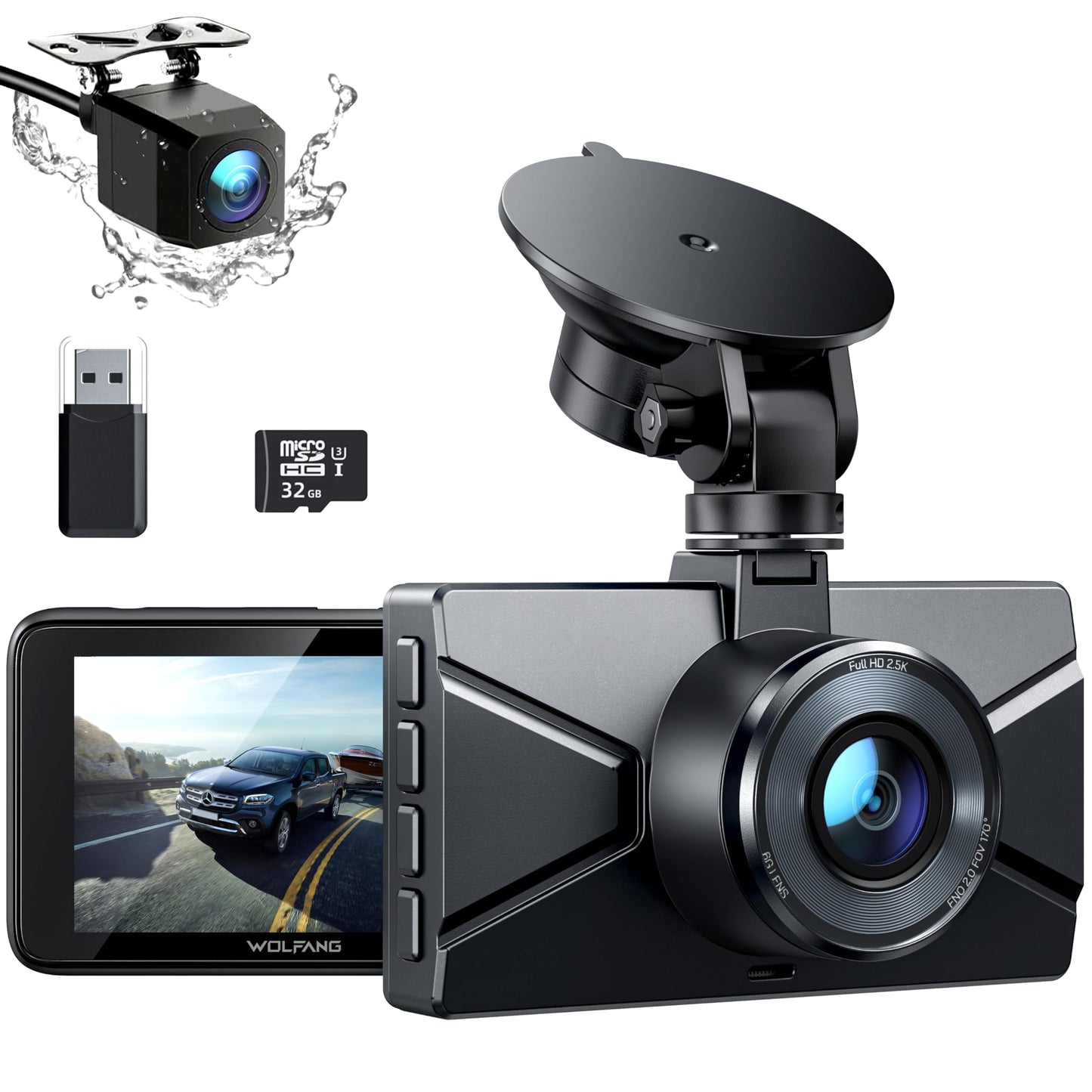 WOLFANG Dashcam auto priekšā un aizmugurē 2,5K+1080P auto kamera, ultra nakts redzamība, 170° plaša leņķa, WDR, 24 stundu stāvvietas režīms, G sensors, cikla ieraksts, iekšā ar 32GB SD karti