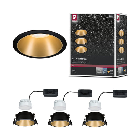 Iebūvējams gaismeklis Paulmann Cole Coin, 3 pakāpju dimmējams, Ø 88mm, 3 x 6,5W, 470 lm, IP44, 2700 Kelvin, melns/zelta matēts