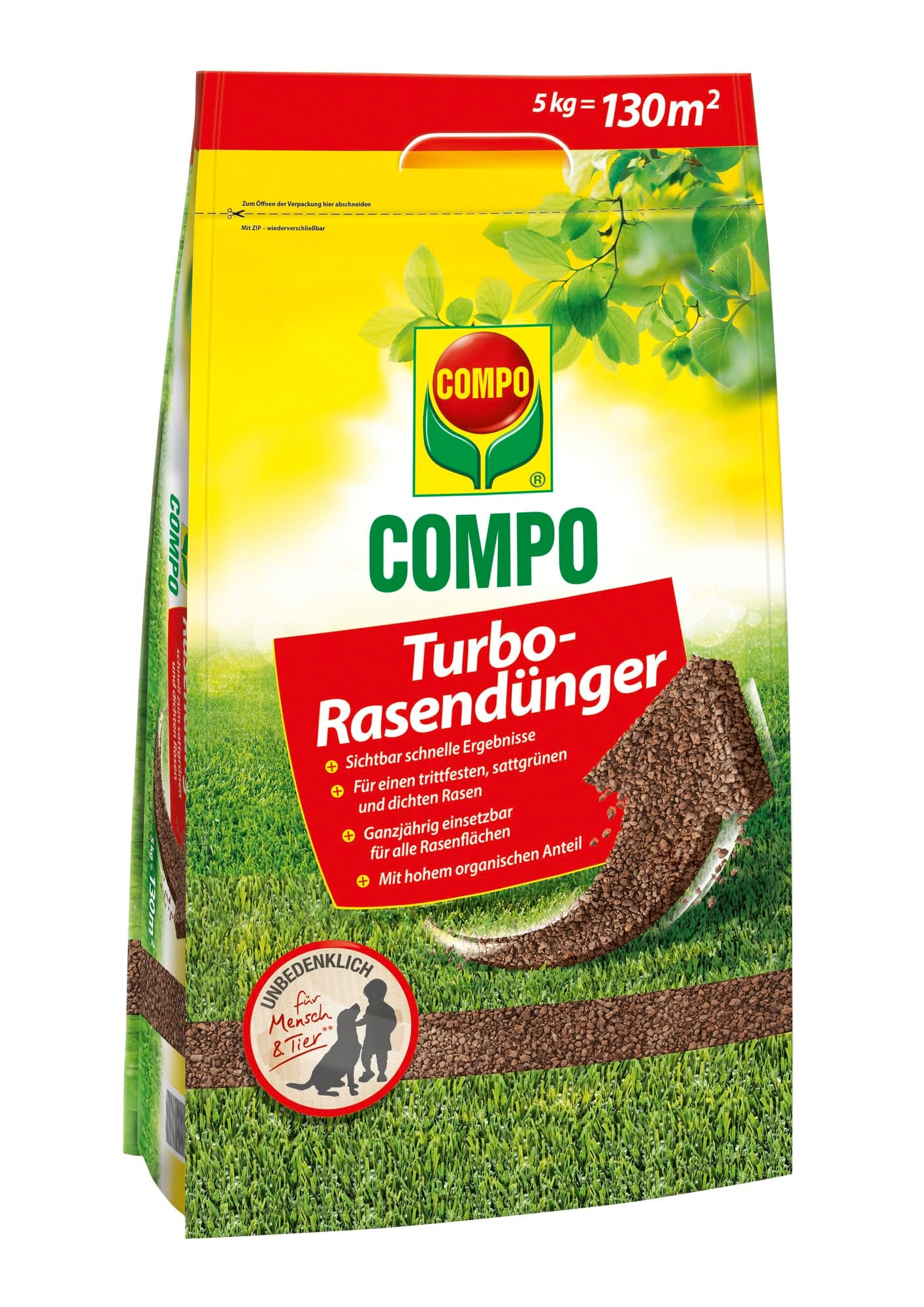 Zāliena mēslojums COMPO Turbo-Rasendünger – spēcīgs zāliena mēslojums visiem zālieniem – ātriem rezultātiem – 5 kg 130 m²