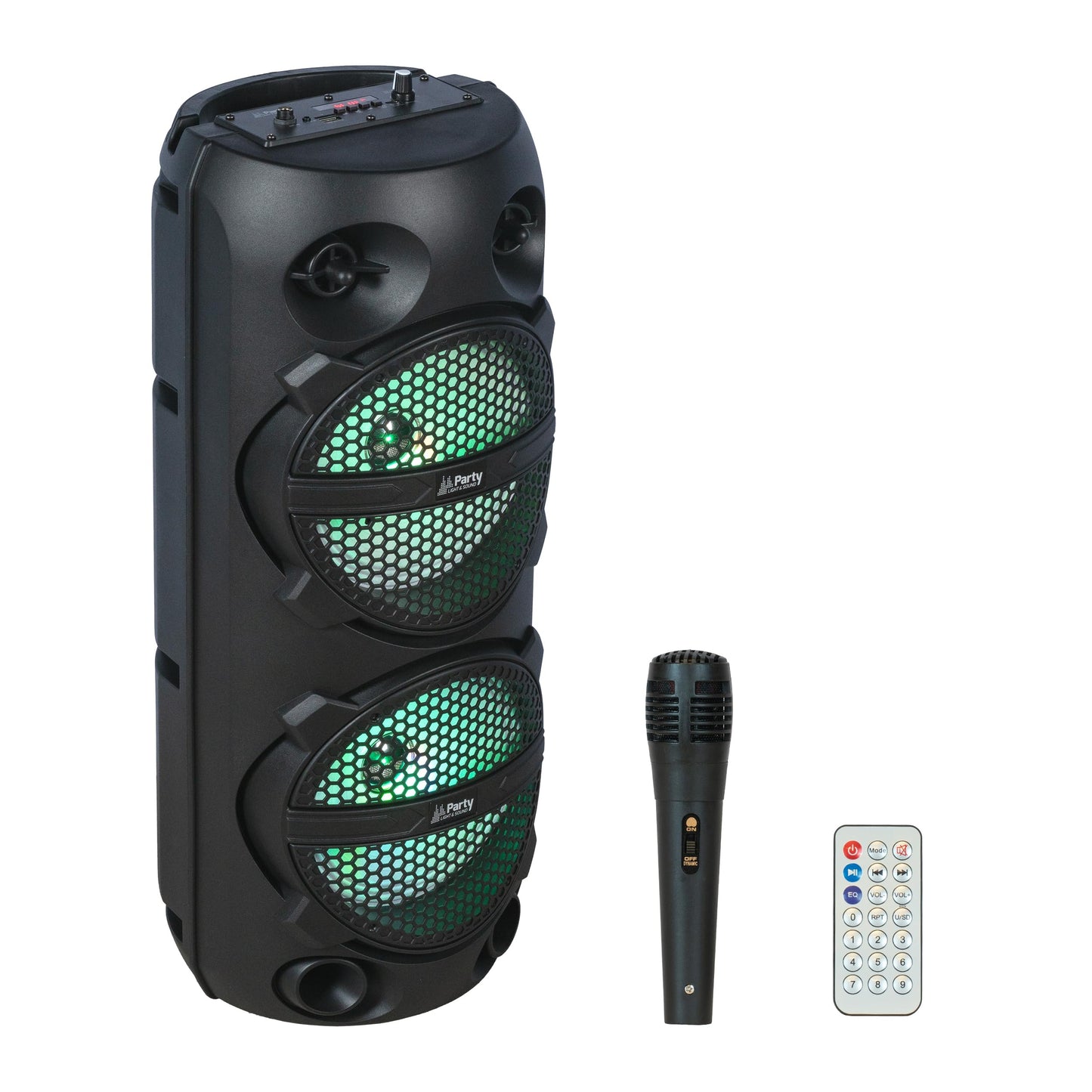 Party Light & Sound - PLUTON - Skaļrunis, skaņas panelis 2 x 8/20cm 300W uz uzlādējamu akumulatoru - gaismas efekts - 1 vadu mikrofons un 1 tālvadības pults - Bluetooth, USB, Micro SD un TWS