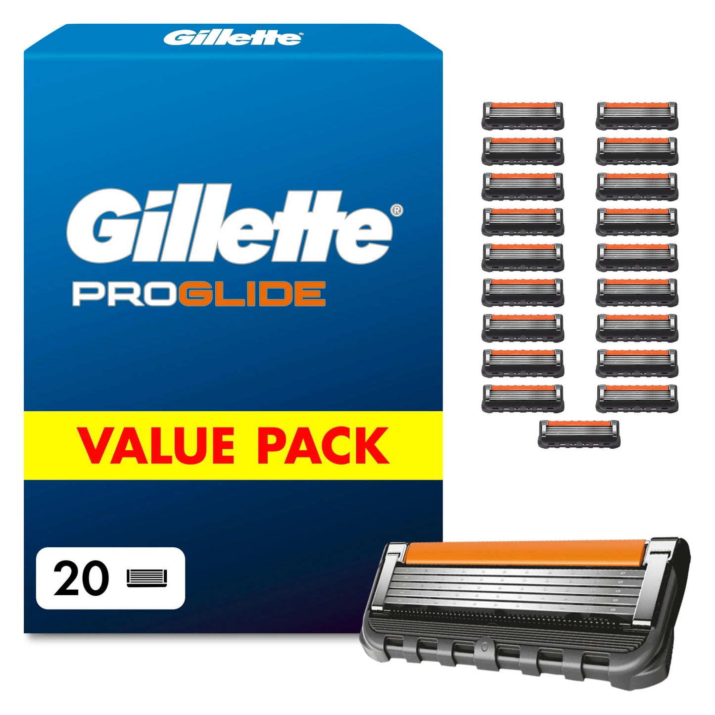 Skūšanās asmeņi Gillette Proglide vīriešiem, 20 oriģinālās rezerves kasetnes, melnas