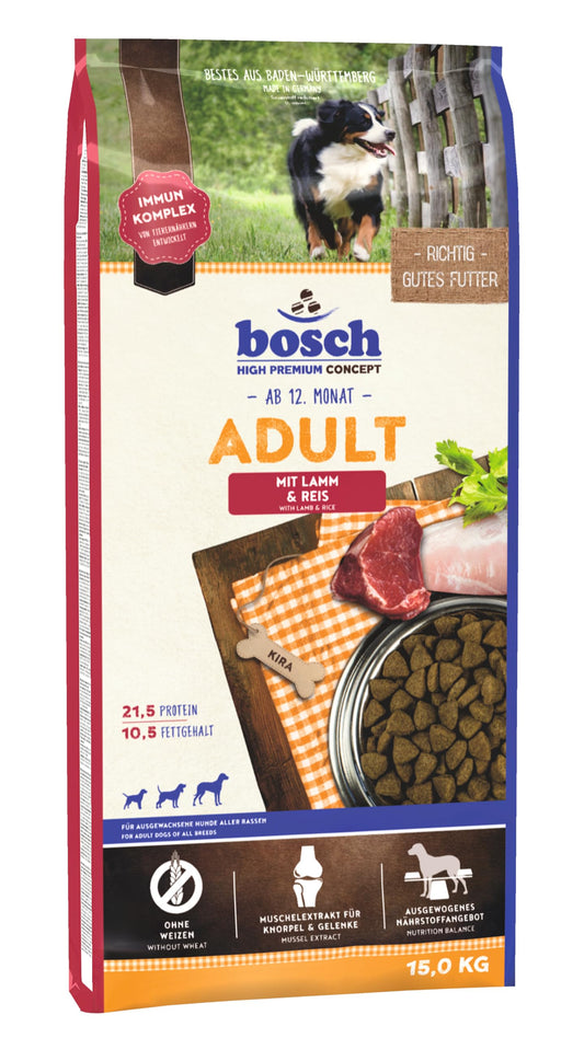 bosch HPC Adult ar jēru un rīsiem, sausā suņu barība pieaugušiem visu šķirņu suņiem, 1 x 15 kg