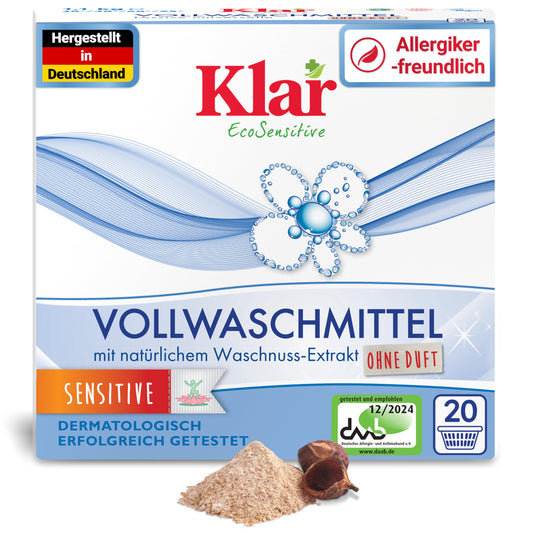 Klar pilnais veļas mazgāšanas līdzeklis pulveris Sensitive 1,1 kg - 20 mazgāšanas reizēm - mazgāšanas pulveris alerģiskiem cilvēkiem bez smaržvielām - organisks veļas mazgāšanas pulveris ar dabīgu ziepju riekstu ekstraktu - VEGAN un bez fermentiem