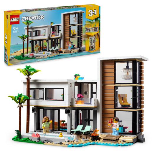 LEGO Creator Modernā māja 31153 - 3-in-1 komplekts, pārbūvējams par pilsētas māju vai meža būdiņu, mācību rotaļlieta.