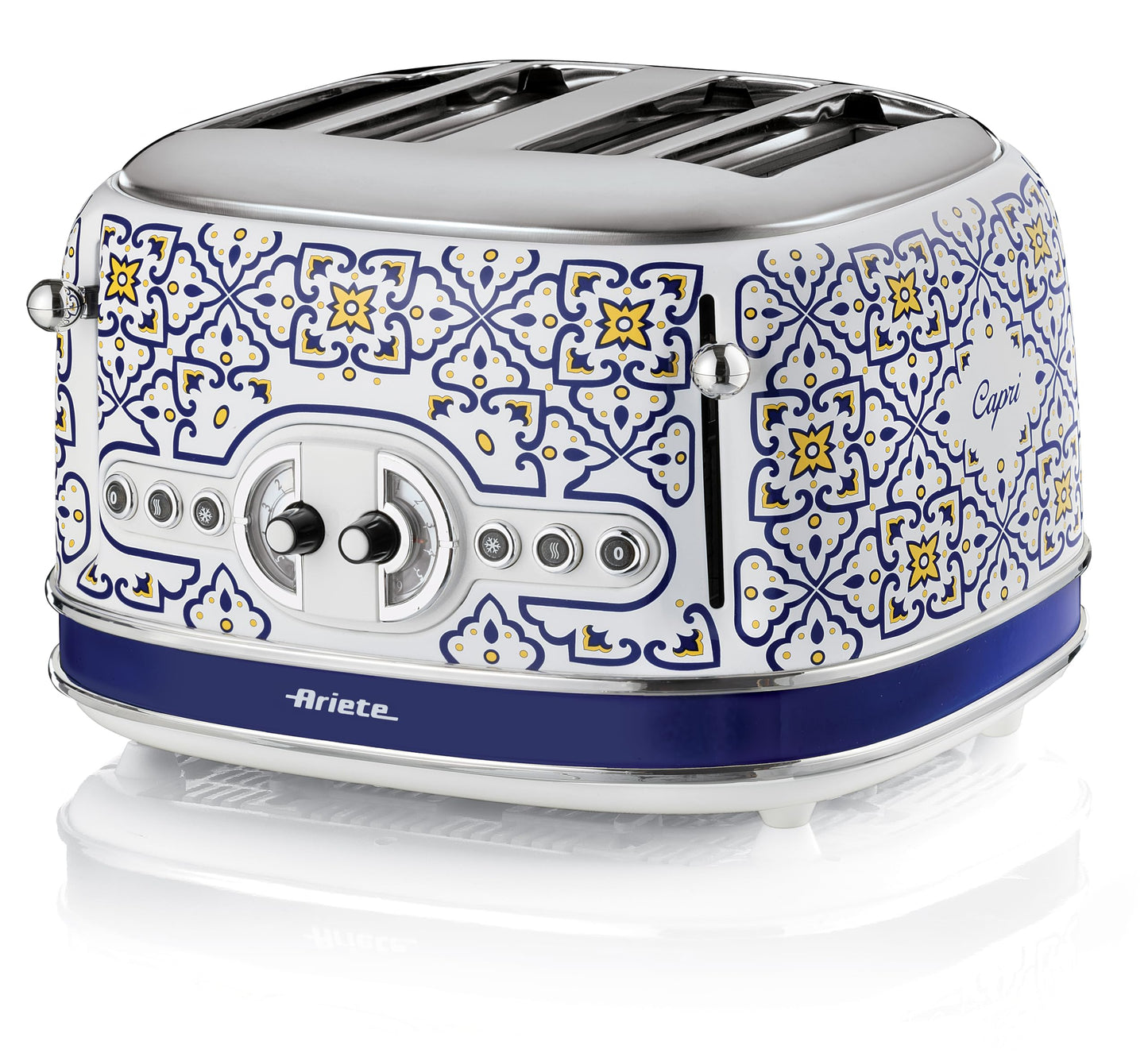 Ariete tosteris 156 Capri, Vidusjūras dizains, 4 sloti ar atsevišķām vadības ierīcēm, 6 brūnināšanas pakāpes ar automātisku izmešanu, drupatu kaste, tosta, sildīšanas un atkausēšanas funkcija, 1630W