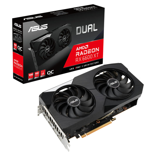 ASUS Dual AMD Radeon RX6600XT OC Edition - 8GB GDDR6, PCIe 4.0, 1x HDMI 2.1, 3x DisplayPort 1.4a, optimized for gaming.