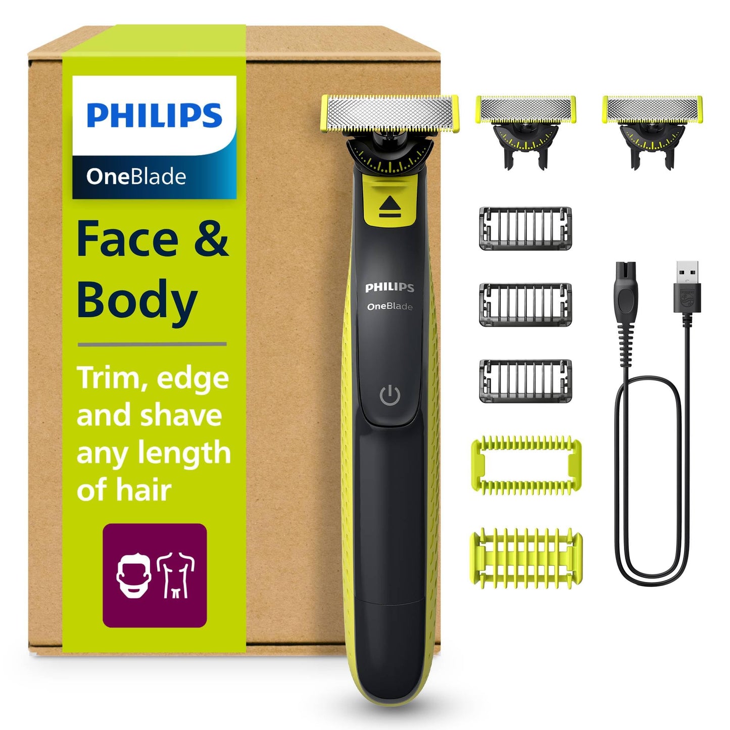 Elektriskais skuveklis PHILIPS OneBlade 360 Face & Body, trimmeris un ķermeņa kopšanas ierīce, 3x 360 asmeņi, 3x apgriešanas uzgaļi (1/3/5 mm), 2x ķermeņa uzgaļi, slapjā un sausā skūšana sejai un ķermenim (QP2824/31)
