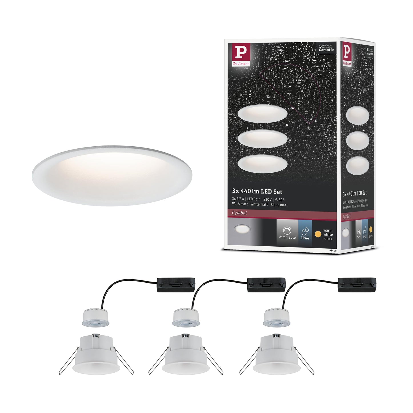 Iebūvējamais gaismeklis Paulmann 93415 LED Cymbal 3x6,8W, balts matēts, bez atspīduma, dimmējams