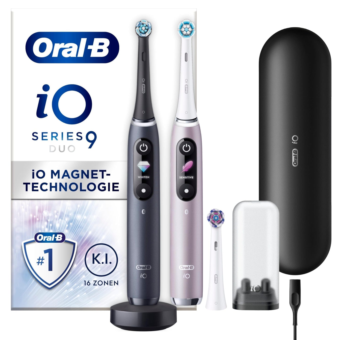 Oral-B iO Series 9 elektriskā zobu birste, dubultie iepakojumi +3 uzlikamās sukas, 7 tīrīšanas režīmi, magnētiskā tehnoloģija un 3D analīze, krāsu displejs, uzlādējams ceļojumu etuijs, izstrādājusi Braun, melns/rozā