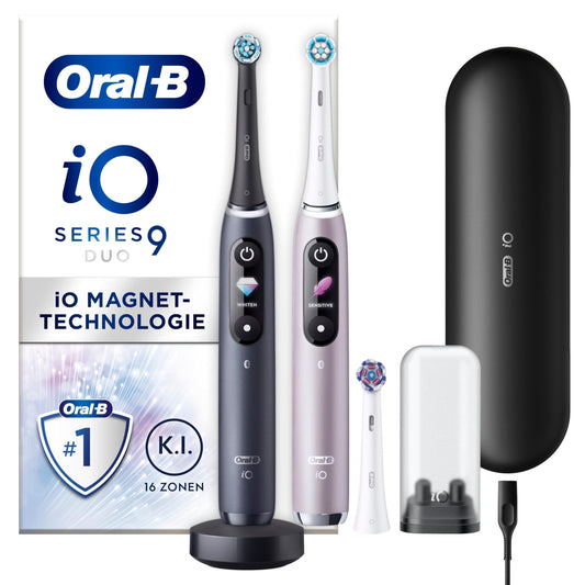 Oral-B iO Series 9 elektriskā zobu birste, dubultie iepakojumi +3 uzlikamās sukas, 7 tīrīšanas režīmi, magnētiskā tehnoloģija un 3D analīze, krāsu displejs, uzlādējams ceļojumu etuijs, izstrādājusi Braun, melns/rozā