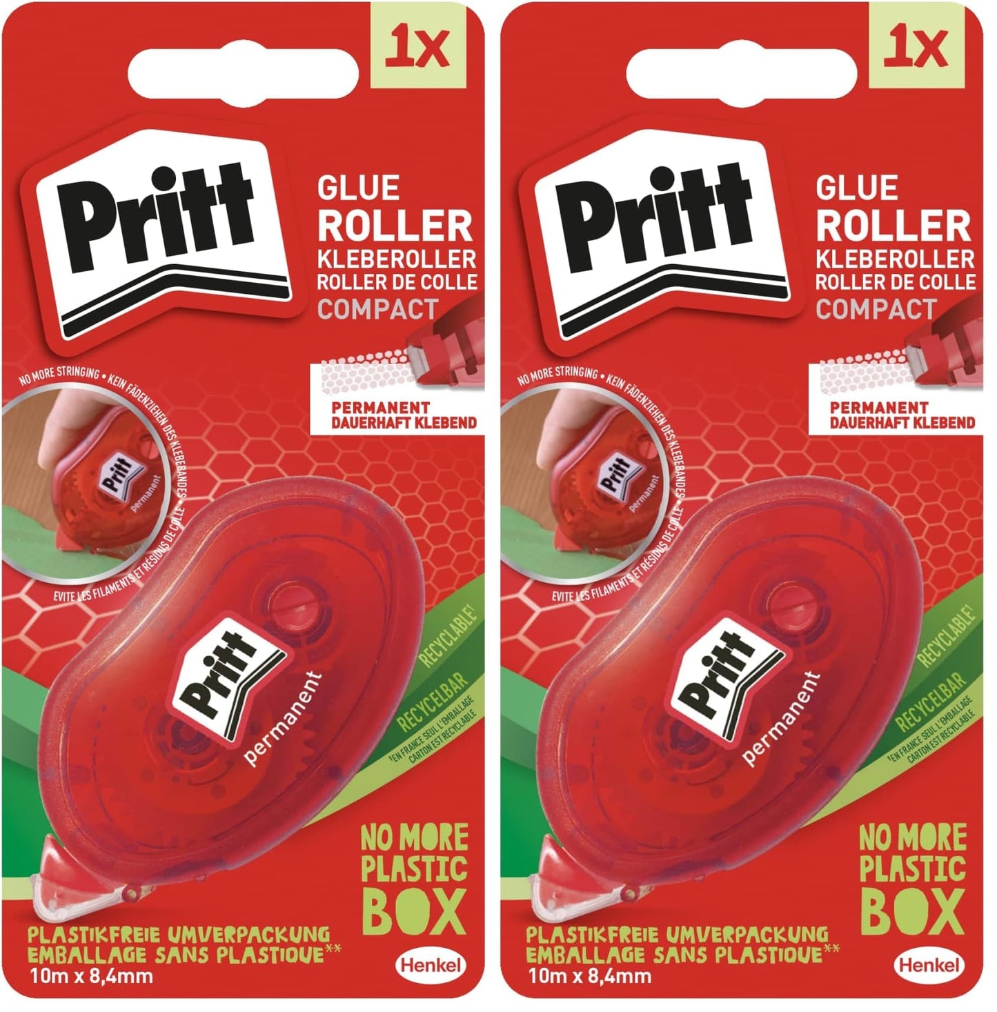 Pritt līmes rullītis Compact, pastāvīgs, 10m garums, tūlītēja saķere, papīram, kartonam, fotogrāfijām, stiklam un plastmasai, 9H ZCGPB (2 iepakojumā)
