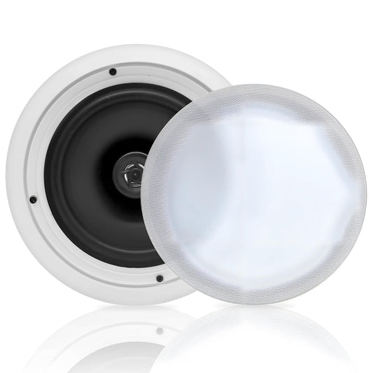 Pyle 20 cm iebūvējamie skaļruņi, griestu skaļruņi, plakans woofer, 250W sienas skaļruņi, 2 ceļu skaļruņi, griestu skaļruņi, stereo sistēma, montāžas sistēma, iebūvēts dizains, balts, mājai/birojam