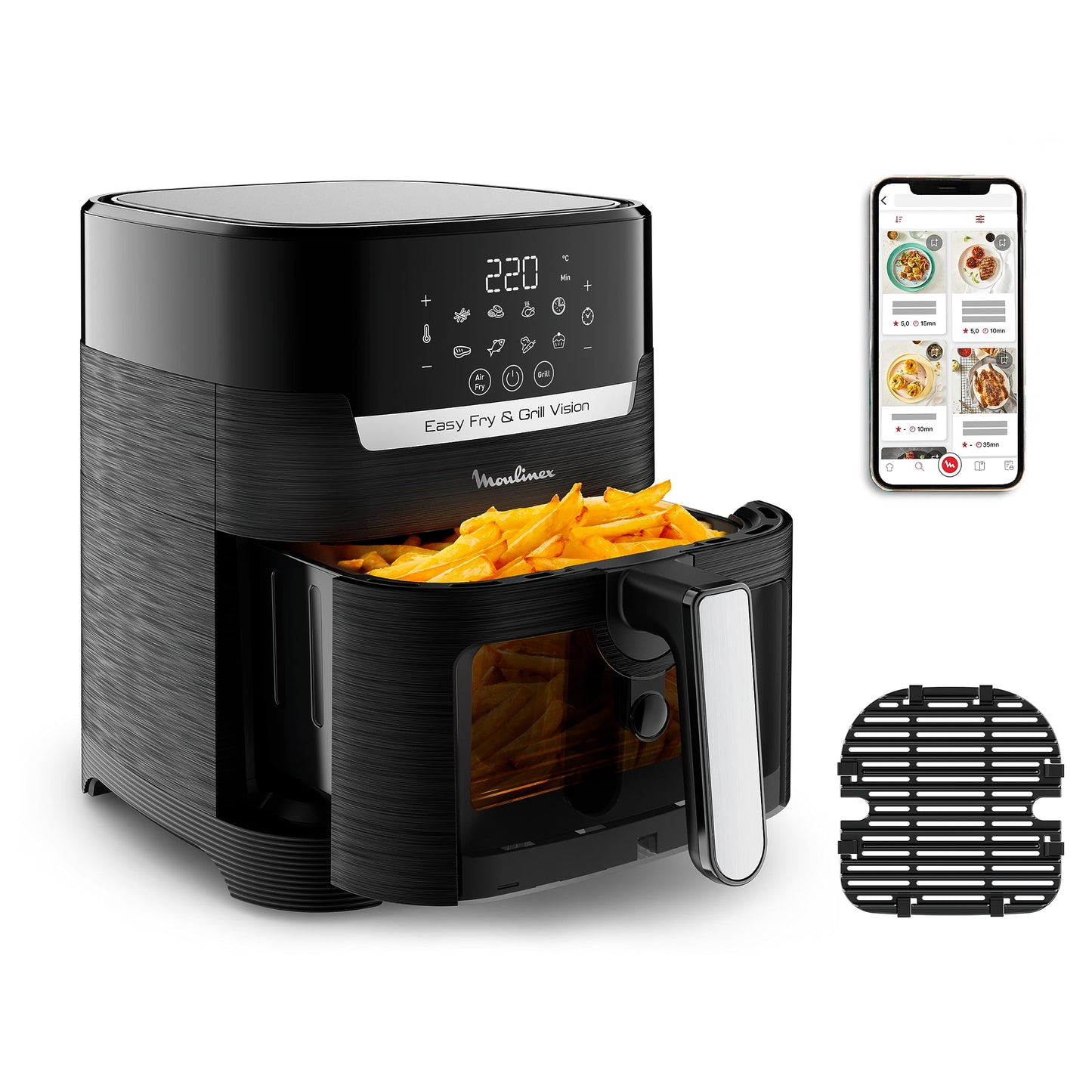 Moulinex Easy Fry & Grill Vision 4.2 L - gaisa fritieris un grils ar logu, 70% enerģijas ietaupījums, 10 funkcijas, melns, EZ5068