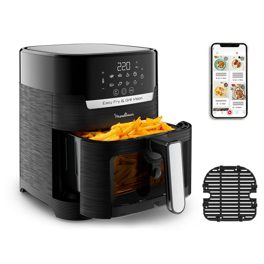 Moulinex Easy Fry & Grill Vision 4.2 L - gaisa fritieris un grils ar logu, 70% enerģijas ietaupījums, 10 funkcijas, melns, EZ5068