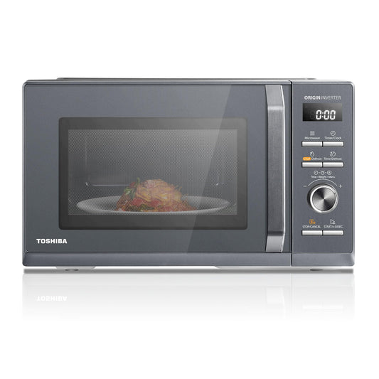 Toshiba MW3-AM25PFI(MG) Solo mikroviļņu krāsns 25L 900W mikroviļņu krāsns eleganta Morandi pelēkā krāsā. Ar Origin-Inverter, Chef-Defrost, 10 jaudas līmeņiem, 7 automātiskajiem ēdieniem, viegli tīrāma.