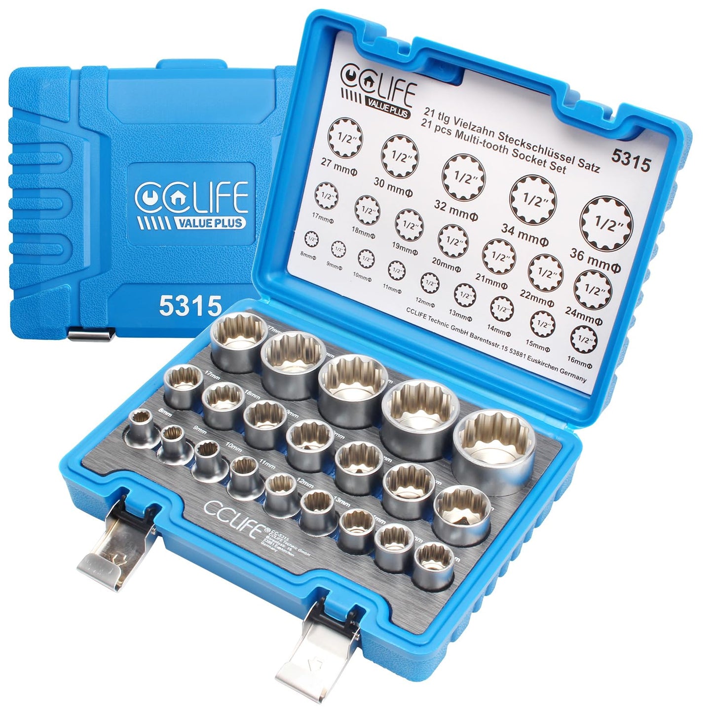 CCLIFE daudzzobu uzgaļu komplekts 1/2'' uzgriežņu atslēgu komplekts 8-36mm, 21 gab.
