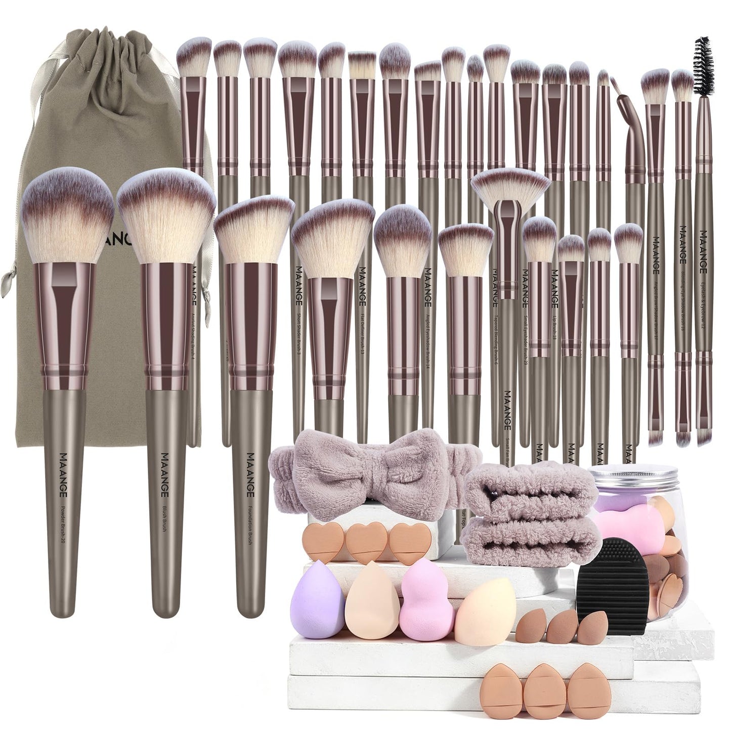 Aplauzuma otu komplekts MAANGE, 51 daļas, daudzfunkcionāls make-up otu komplekts tonālajam krēmam, pūderim, vaigu sārtumam, konsīlerim un acu ēnām, šampanieša krāsā