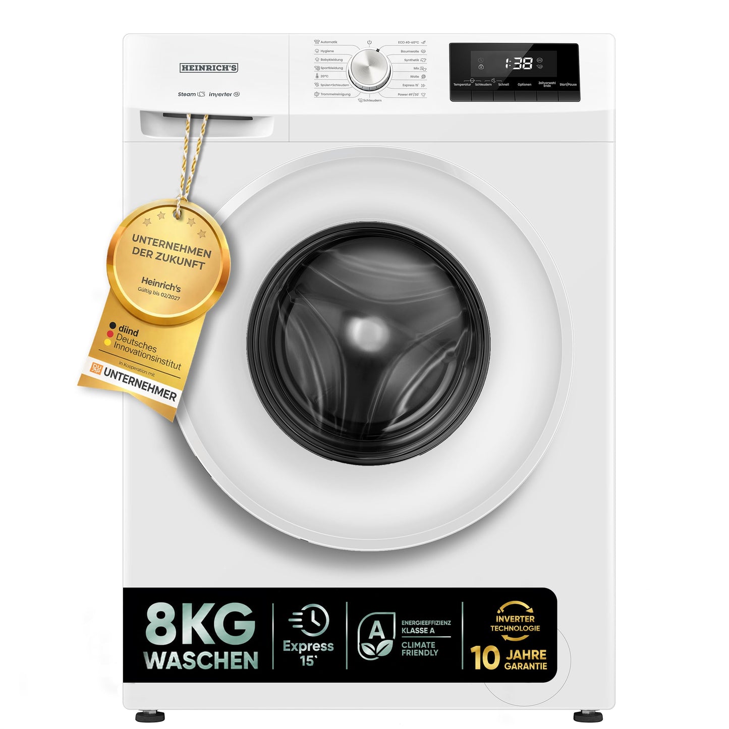 Veļas mašīna Heinrich's 8 kg 15 programmas 1400 apgr./min Aqua-Stop LED displejs taimeris bērnu drošība Inverter motors A klase balta
