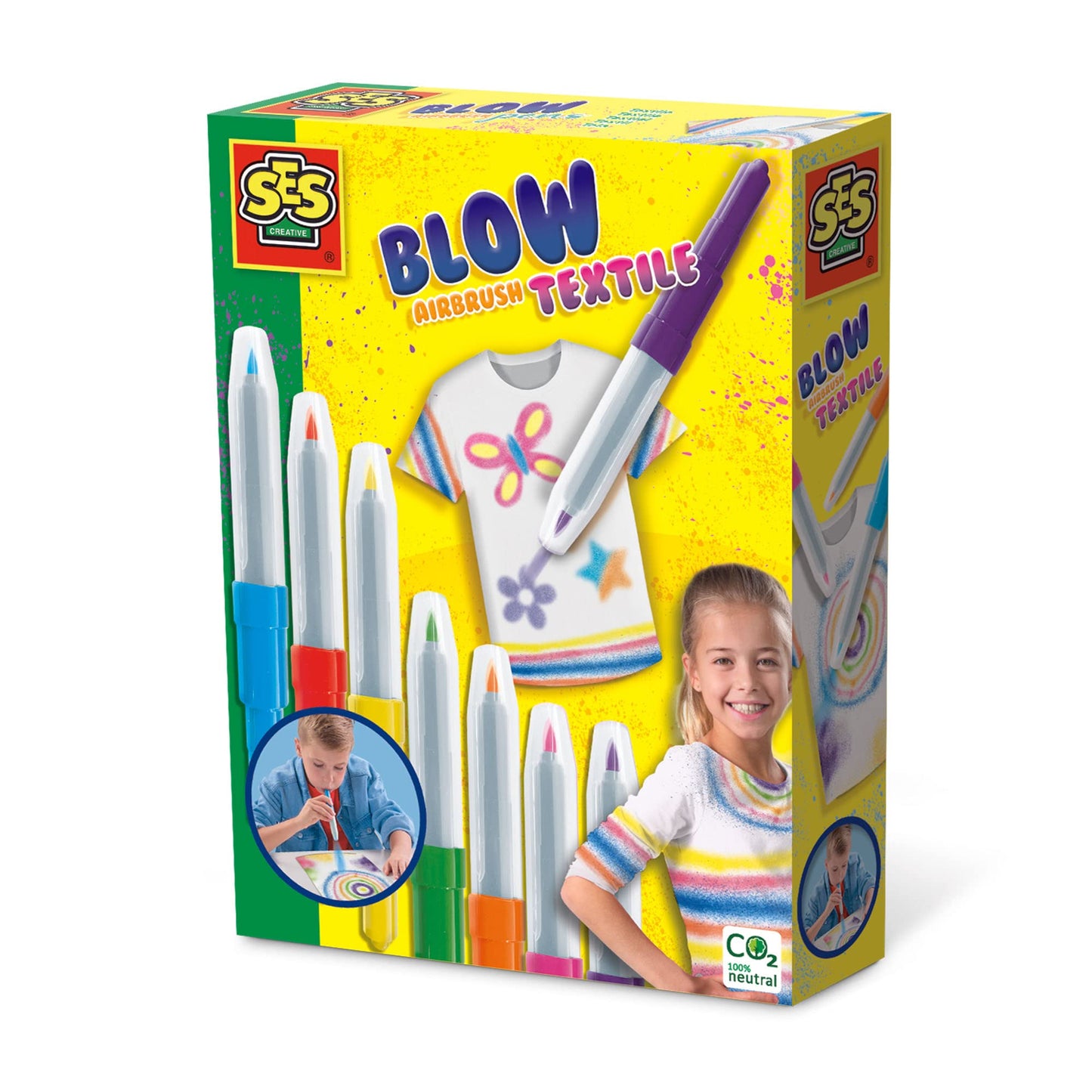 Tekstila aerogrāfijas flomāsteri SES Creative Blow Airbrush, 7 košas krāsas, mazgājami, bērniem no 5 gadiem