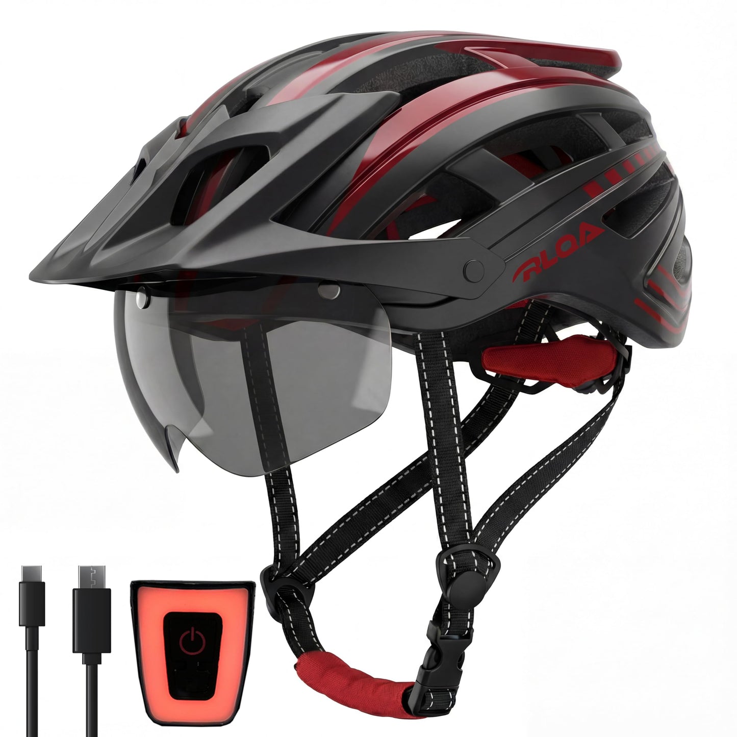 Fahrradhelm RLQA Herren Damen, MTB/Rennrad-Helm mit abnehmbarem magnetischem Visier und Brille, Radhelm mit 24 Luftungsschlitzea, LED-Rücklicht, verstellbare Größe L:58-61cm, Schwarz&Rot