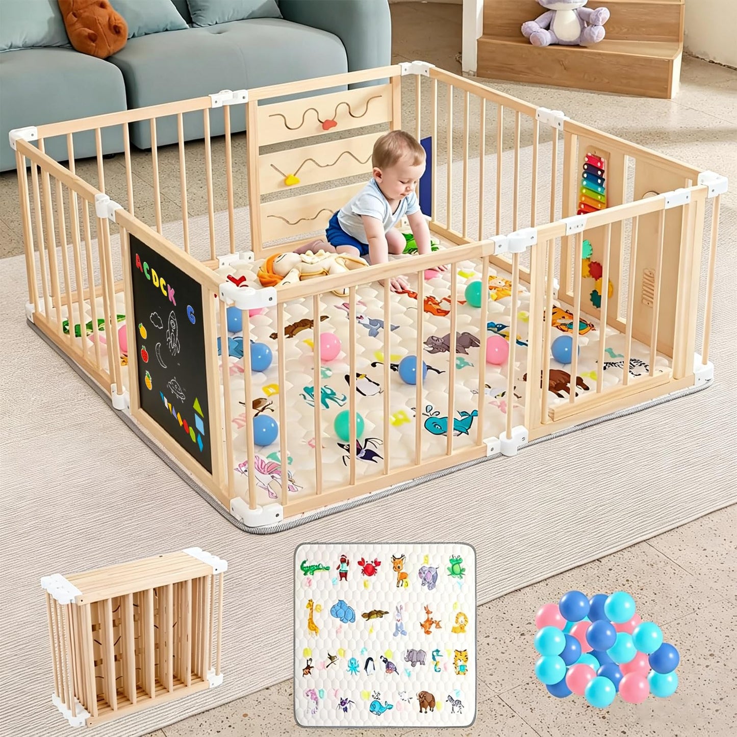 Koka bērnu manēža SPYLAVE XL, salokāms rotaļu nožogojums ar matraci un 50 bumbiņām, regulējama forma, Montessori rotaļu panelis un tāfele, paplašināma manēža ar durtiņām