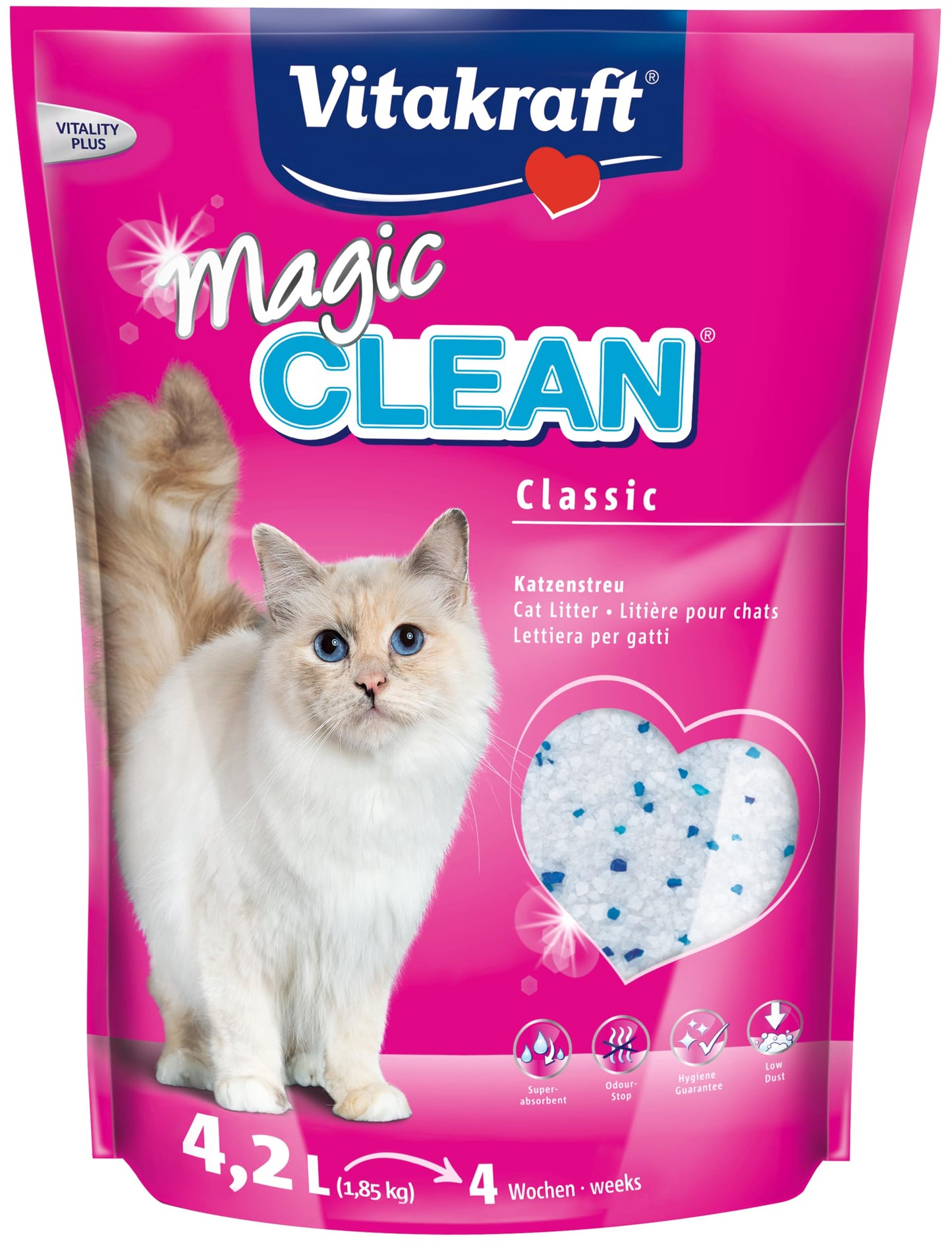 Kaķu pakaiši Vitakraft Magic Clean Classic, nekomulējoši, minerālu granulas, pret baktērijām, īpaši mazputekļaini, pietiek 4 nedēļām (1x 4,2l)