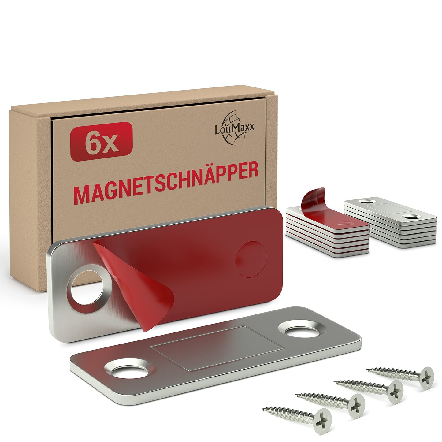 Magnētiskā mēbeļu aizdare LouMaxx pašlīmējoša – Magnetsnēperis 8 kg, 6 gab. komplekts, nerūsējošais tērauds