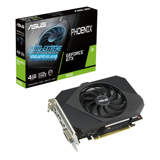 ASUS Phoenix GTX 1630 - 4GB GDDR6, PCIe 3.0, 1x HDMI 2.0b, 1x DVI, 1x DisplayPort 1.4, ideal for gaming.