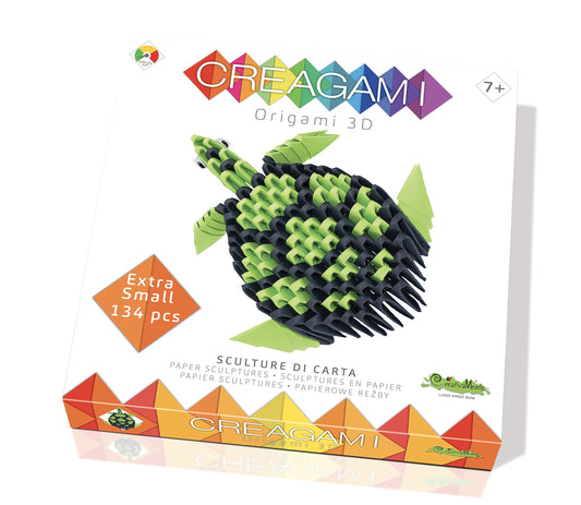 CreativaMente Creagami 3178752 - 3D origami turtle paper sculpture kit for ages 7+, includes 134 pieces for crafting.