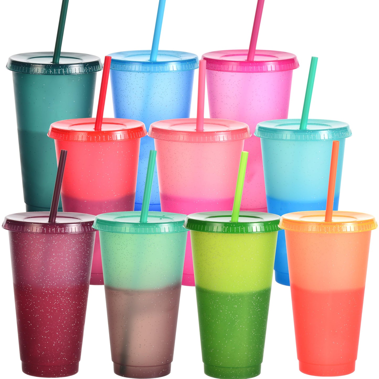 Krāsu mainošu plastmasas krūžu komplekts Yisituo 710ml ar vākiem un salmiņiem, 10 gab., atkārtoti lietojamas krūzes bērniem, ballītēm, smūtijiem un līdzi ņemšanai, spīdīgas