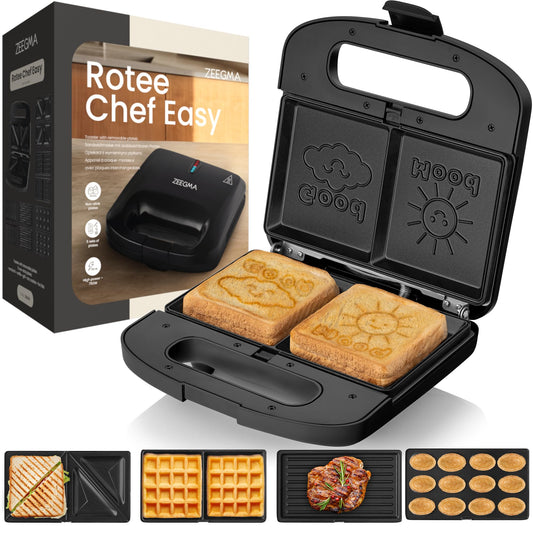 ZEEGMA ROTEE CHEF EASY Multifunkcionālais tosteris 750 W 5-in-1, maizei, vafelēm, sviestmaizēm, cepumiem, grilēšanai, tosterim, ar nelipīgu pārklājumu, pārkaršanas aizsardzība
